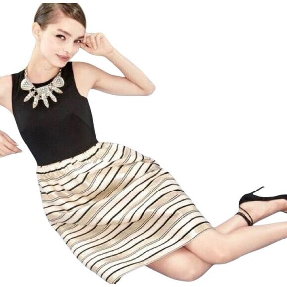 J. CREW 10 M Cupcake Dress READ Midi Gold Black Stripe Evening Holiday 50s PinUp - Picture 1 of 9